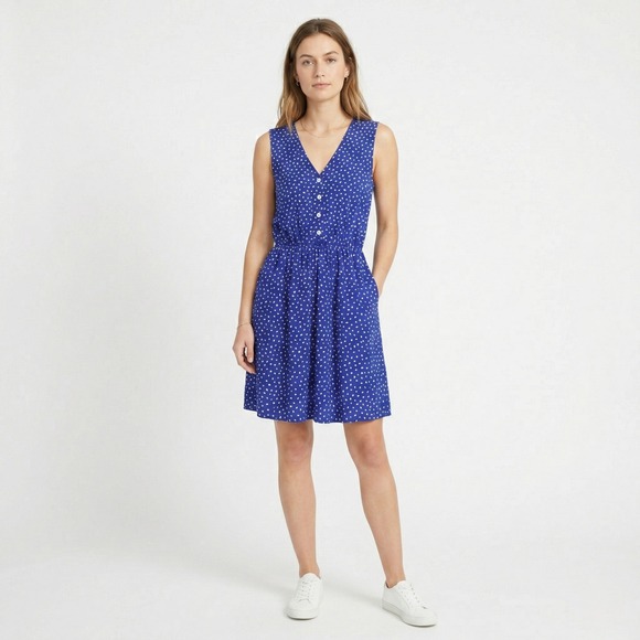 French Grey Dresses & Skirts - French Grey Women Dress M Blue White Polka Dot V-Neck‎ Sleeveless Fit Flare